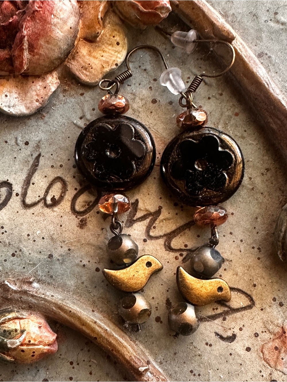 Hand Crafted Bronze & Brown Bird Charm Drop Czech Beaded pierced Earrings